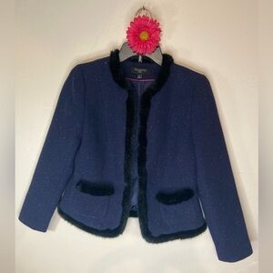 Talbots~Navy Blue Wool Blend Tweed Jacket~Lined~Black Faux Fur Trim~Size 4P